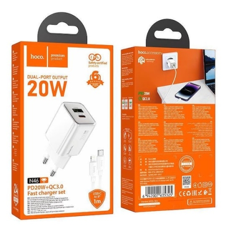 HOCO N46 GLORIOUS PD20W+QC3.0 CHARGER SET PD IN LIGHTING 2 PORTS WHITE